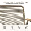 Close-up of the backrest of a chair, showing the braided rope material and some text highlighting features. Podgląd zdjęcia produktu
