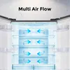Interior view of a refrigerator with blue arrows indicating airflow. Produktbild-Vorschau