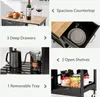 A collage of images showcasing the features of a kitchen cart, with text descriptions and close-up views of its components. Podgląd zdjęcia produktu