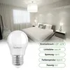A bedroom scene with a bed, nightstands, and a lamp, featuring a prominent LED light bulb in the foreground and technical specifications overlaid on the right. Produktbild-Vorschau