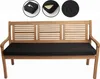 A wooden bench with a black cushion, shown with close-up insets of the cushion's features. Produktbild-Vorschau