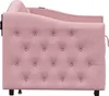 Side view of a pink upholstered bed frame with tufted detailing. Produktbild-Vorschau