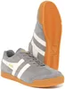 A pair of grey Gola Harrier sneakers with white stripes and tan soles, shown against a white background. Produktbild-Vorschau