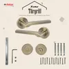A marketing image showcasing a set of door handles and related hardware. Produktbild-Vorschau