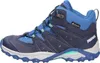 A side view of a blue and navy hiking boot for children. Produktbild-Vorschau