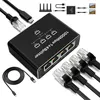 A black LAN splitter with multiple Ethernet ports and cables, presented on a white background. Produktbild-Vorschau