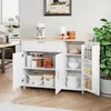 A white kitchen island with a wooden countertop is shown with its doors and drawers open, displaying various kitchen items and storage containers. Produktbild-Vorschau