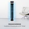 A modern floor fan with air flow visualization is placed on the floor next to a chair in a room. Produktbild-Vorschau