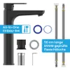 A black faucet and its accessories are displayed on a white background, with text overlays highlighting features. Produktbild-Vorschau