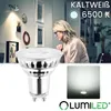 A collage showing a GU10 LED lamp, a woman working at a desk, and a close-up of the lamp emitting light. Produktbild-Vorschau
