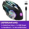 A gaming mouse with RGB lighting and its accessories, along with a text overlay listing the package contents. Produktbild-Vorschau