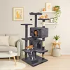 A multi-level cat tree with several cats interacting with it, placed in a living room setting next to a sofa and a small table. Produktbild-Vorschau