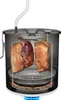 A cutaway view of a smoker with three pieces of meat inside, heated by a blue flame at the bottom. Produktbild-Vorschau