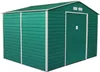 A green metal garden shed with a white frame and door. Náhled obrázku produktu