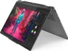 A dark gray 2-in-1 laptop is shown open, displaying a colorful image editing software interface on its screen. Produktbild-Vorschau