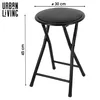 A black folding stool with dimensions indicated by text overlays. Anteprima dell’immagine prodotto