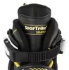 Close-up view of the top of a black and yellow roller skate. Voir les images du produit