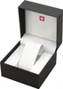 An open black watch box with white interior padding and a white watch holder. Produktbild-Vorschau