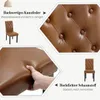 Collage of images showing details of a brown faux leather dining chair, including its tufted backrest and cushioned seat. Produktbild-Vorschau