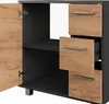 A close-up view of an open cabinet with wooden drawers and a door. Produktbild-Vorschau