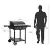 A diagram showing the dimensions of a gas grill next to a silhouette of a person for scale. Produktbild-Vorschau