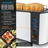 A toaster with bread in it, next to a description of its features and some toast with toppings. Podgląd zdjęcia produktu