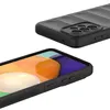 Two views of a dark gray phone case, one showing the back with camera cutout and the other showing the side and front edge with a phone screen visible. Produktbild-Vorschau