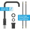 A black kitchen faucet and its accessories are displayed against a white background. Produktbild-Vorschau
