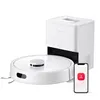 A white robot vacuum cleaner and its charging dock are displayed on a white background, with a smartphone showing an app interface in the foreground. Náhľad obrázku produktu