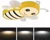 A yellow bee-shaped ceiling light with black stripes and white wings, shown against a white background. Below the light are three smaller images showing different light color temperatures. Produktbild-Vorschau