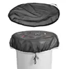 A black mesh cover is shown both detached and placed over a white bucket, with leaves on top of the cover. Produktbild-Vorschau