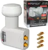 A product shot of a satellite LNB and its packaging, along with some accessories. Náhľad obrázku produktu
