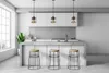 A modern kitchen with a concrete countertop and white cabinets, featuring three pendant lights and bar stools. Produktbild-Vorschau