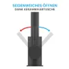 A black kitchen faucet is shown with arrows indicating its 360-degree swivel range. Text above describes its smooth operation due to a ceramic cartridge. Produktbild-Vorschau
