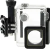 A close-up, studio shot of a clear plastic underwater housing for an action camera. Produktbild-Vorschau