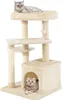 A beige cat tree with two cats on it, one on the top platform and one inside the lower cubby. Náhľad obrázku produktu