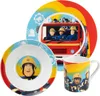 A three-piece children's dinnerware set featuring characters from the "Fireman Sam" animated series, including a plate, bowl, and mug, all displayed against a white background. Produktbild-Vorschau