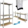 A set of metal shelving units with wooden shelves, shown from different angles, with a close-up of the corner and an arrow indicating assembly or configuration. Náhled obrázku produktu