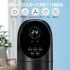 Close-up of a black oscillating tower fan with a digital display and control buttons, set against a blurred background of a room and a light blue sky. Anteprima dell’immagine prodotto