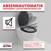 A toilet seat with a lid shown in various stages of closing, accompanied by descriptive text and icons. Produktbild-Vorschau