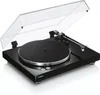 A black turntable with its dust cover open, shown from a diagonal angle against a white background. Produktbild-Vorschau