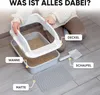 A person is assembling a cat litter box, with its components labeled. Produktbild-Vorschau