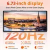 A smartphone displaying a city skyline at sunset, with marketing text and feature callouts. Produktbild-Vorschau