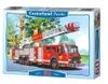 A puzzle box featuring a fire engine with an extended ladder and a firefighter. Podgląd zdjęcia produktu
