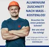 A man wearing a hard hat and a blue t-shirt with a logo, arms crossed, with text overlay advertising aluminum cutting services. Produktbild-Vorschau