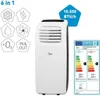 A portable air conditioner with various feature icons and an energy efficiency label. Produktbild-Vorschau
