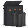 A black laundry hamper with three compartments, each labeled 'LIGHT', 'DARK', and 'COLOR'. Three black laundry bags are shown in front of the hamper. Produktbild-Vorschau