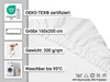 A white fitted sheet is shown with product information labels. Produktbild-Vorschau