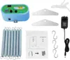 A collection of items for a baby swing motor and hammock system, including the motor unit, springs, metal brackets, S-hooks, a power adapter, and instructions. Produktbild-Vorschau