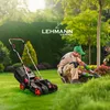A man is gardening in a lush green garden, using pruning shears on a bush, with a lawnmower nearby. Produktbild-Vorschau